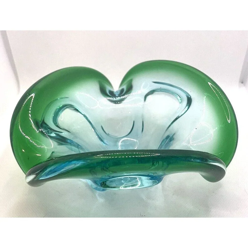 Studio Art Glass Dish Bowl Green Blue Clear Smooth Bottom 8